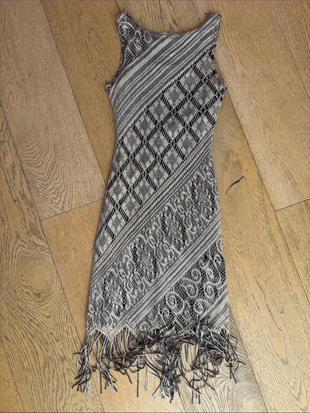 1990 Double Fault sleeveless taupe black mini dress diagonal lace fringe hem - Picture 6 of 8
